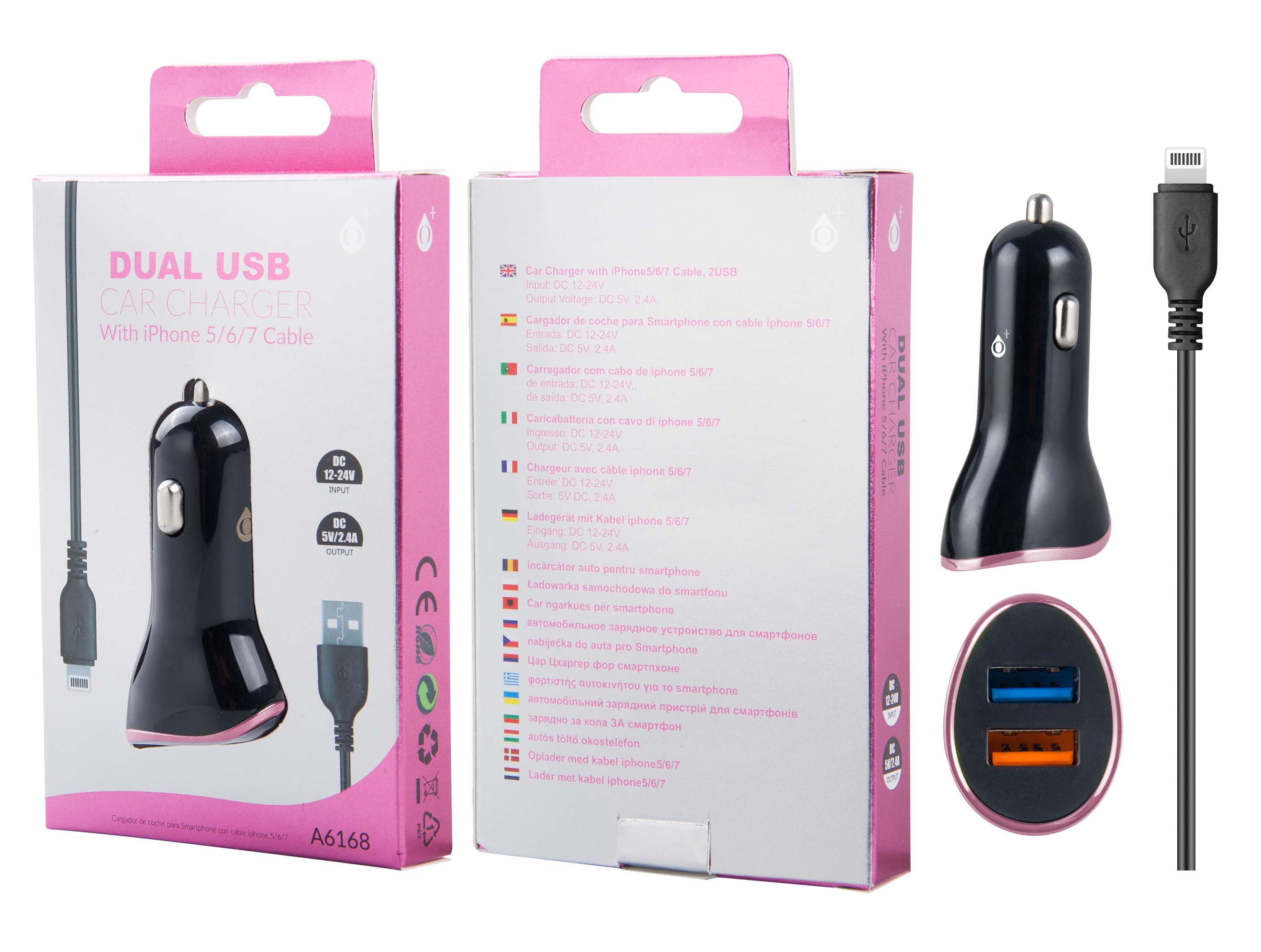 A6168 NE+RS Cargador Mechero con Cable Iphone Lighning 2USB 2.4A, Negro y Rosa