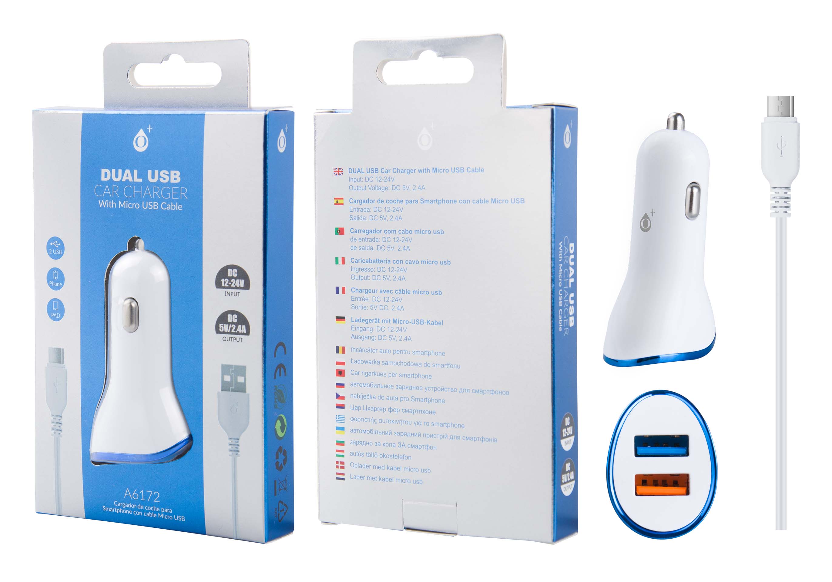 A6172 BL+AZ Cargador Mechero Yoga con Cable para Micro USB, 2USB 2,4A, Blanco y Azul