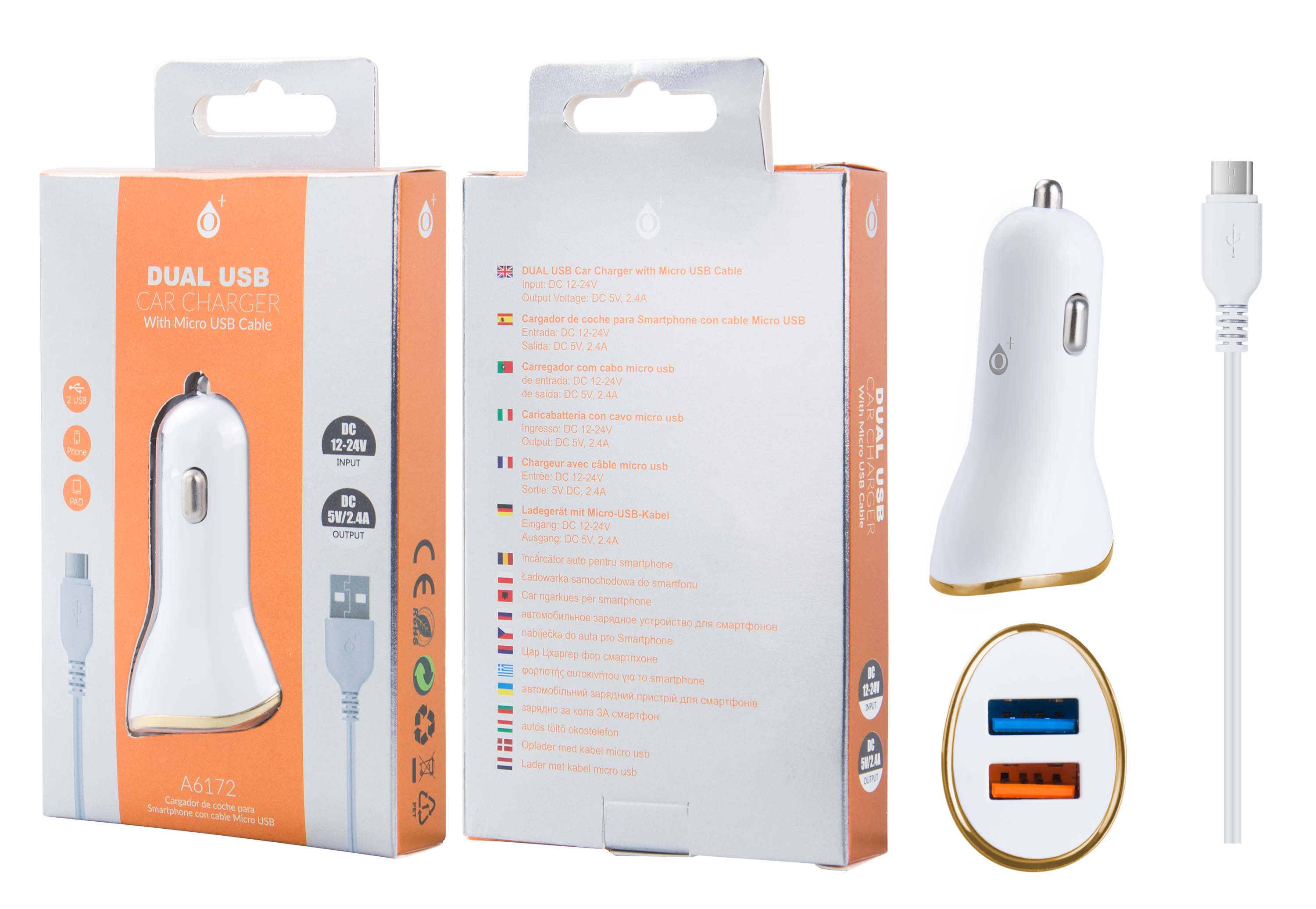 A6172 BL+OR Cargador Mechero Yoga con Cable para Micro USB, 2USB 2,4A, Blanco y Oro