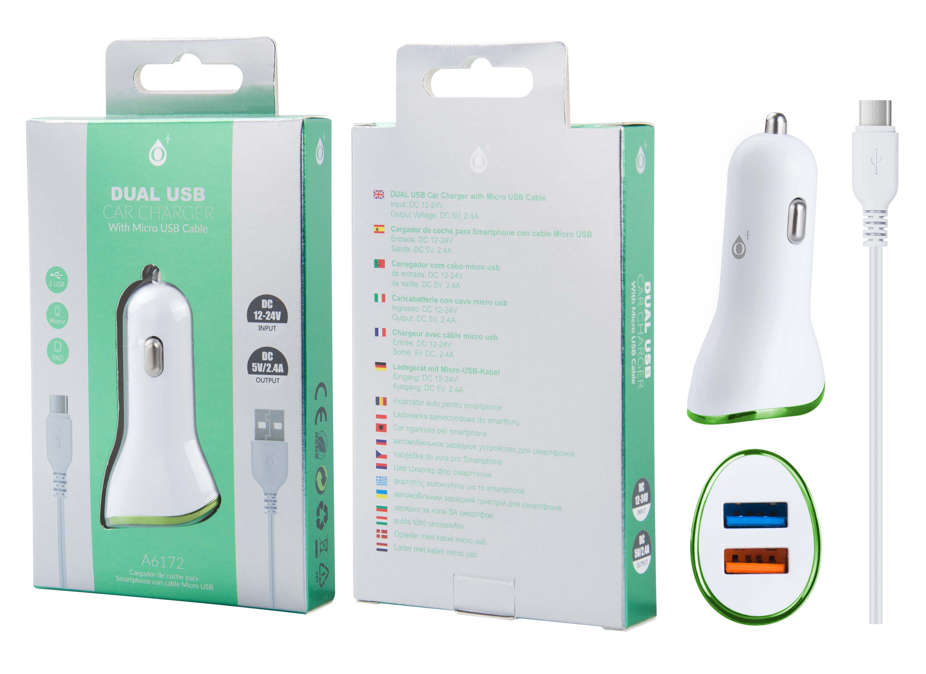 A6172 BL+VE Cargador Mechero Yoga con Cable para Micro USB, 2USB 2,4A, Blanco y Verde