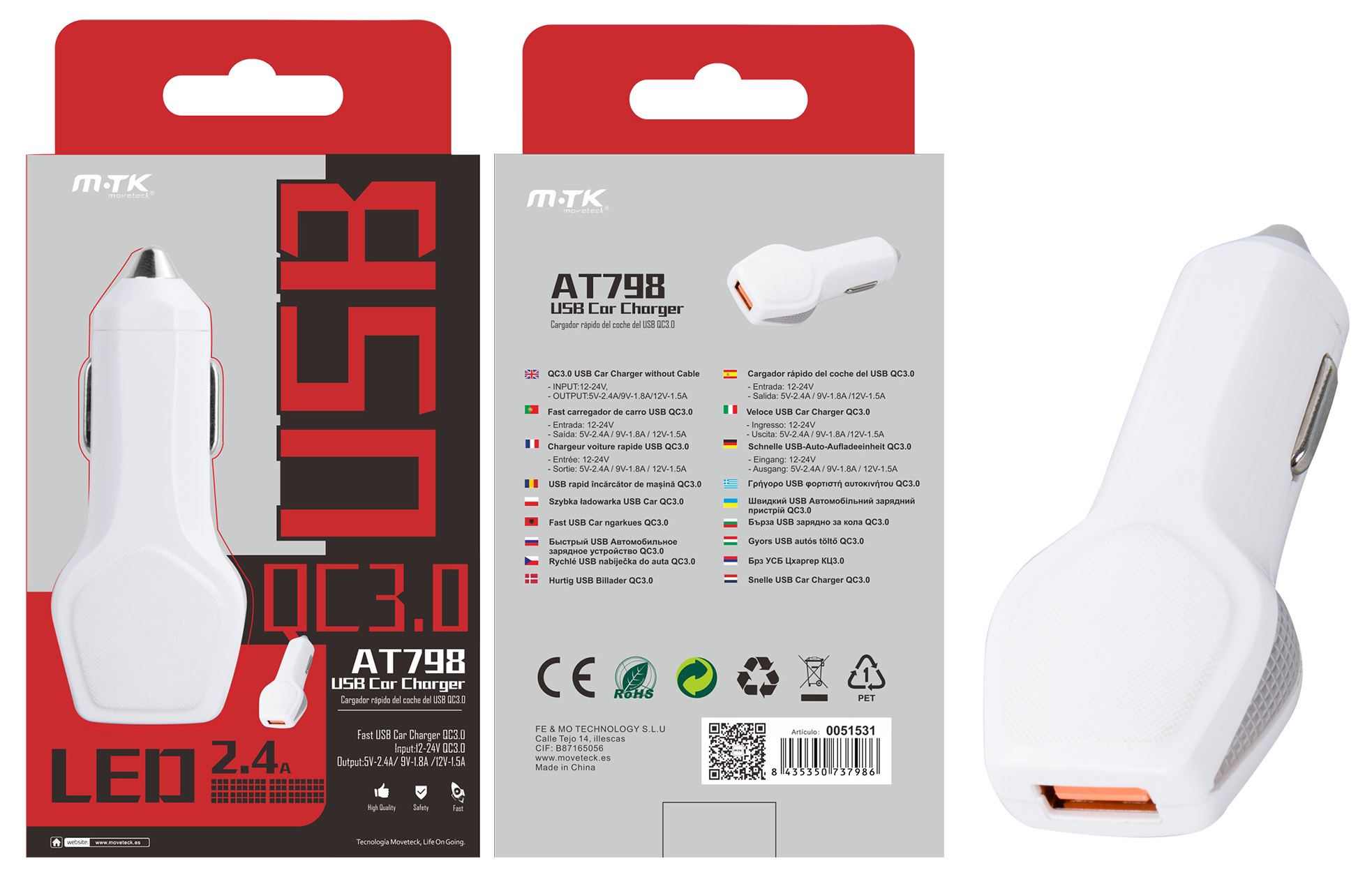 AT798 BL Cargador Mechero Lance QC3.0, 1USB 5V/9V/12V 2,4A, Blanco