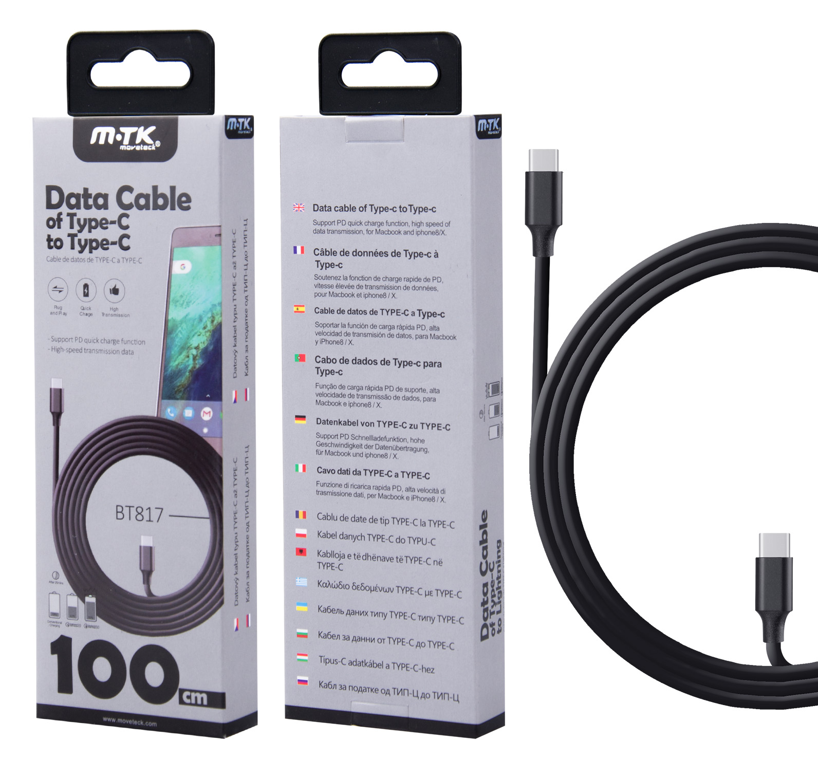 BT817 NE Cable de Datos Turn Tipo C a Tipo C, Alta velocidad con Soporte PD, 1M Negro