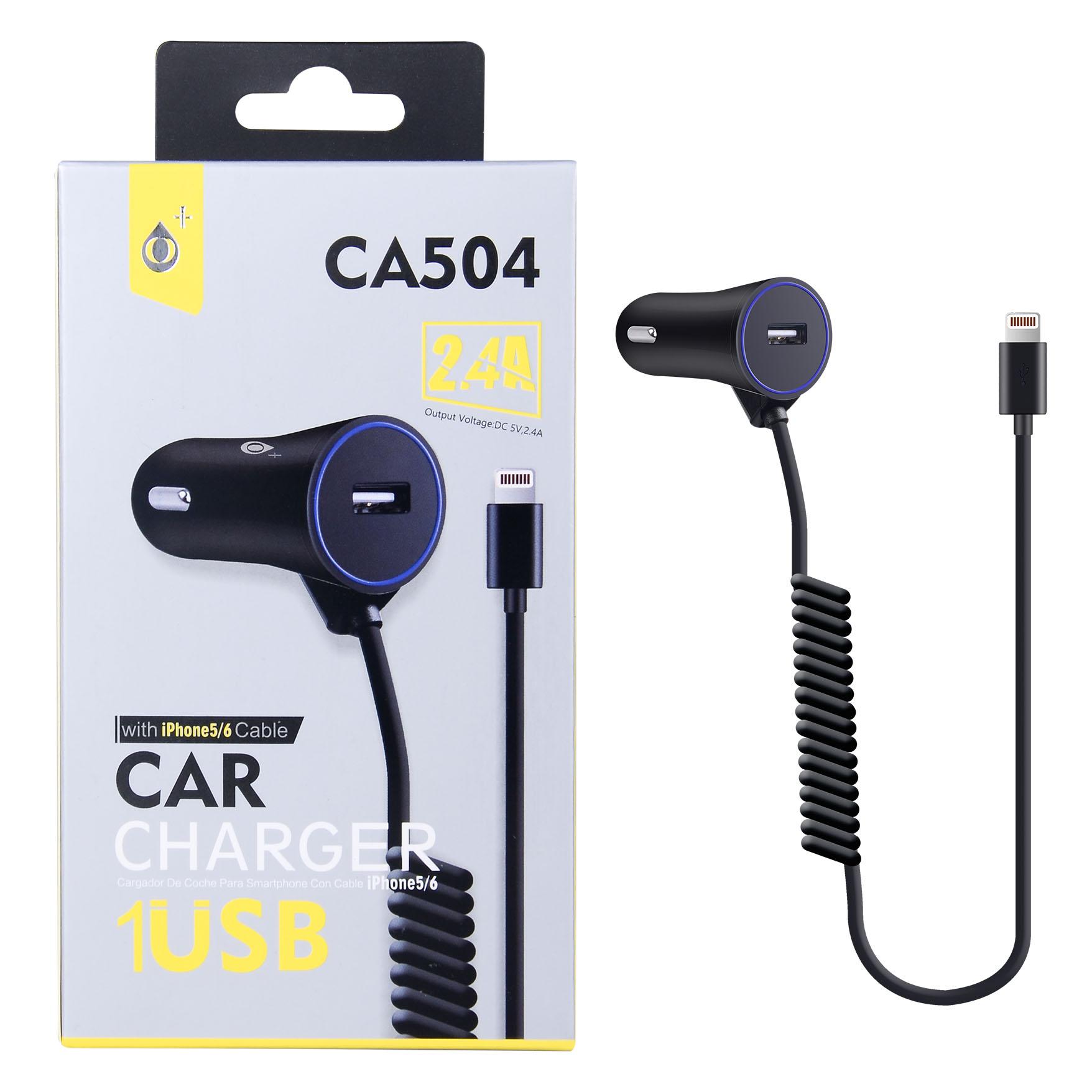 CA504 NE Cargador Mechero Tic con cable IP 5/6/7, 1USB Negro