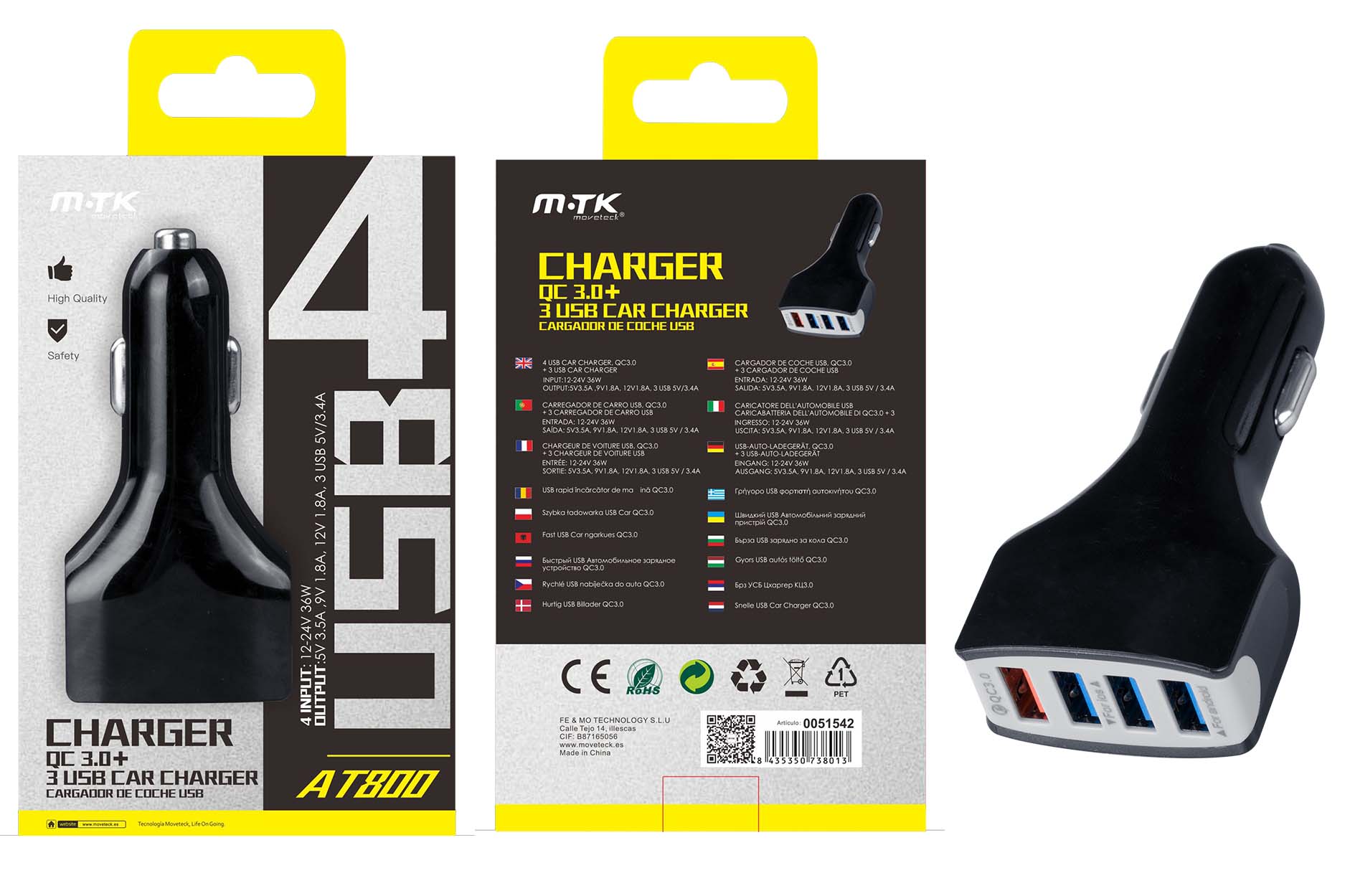 CARGADOR MECHERO FLASH 3+1 USB DE QC3.0,3.4A NEGRO AT800