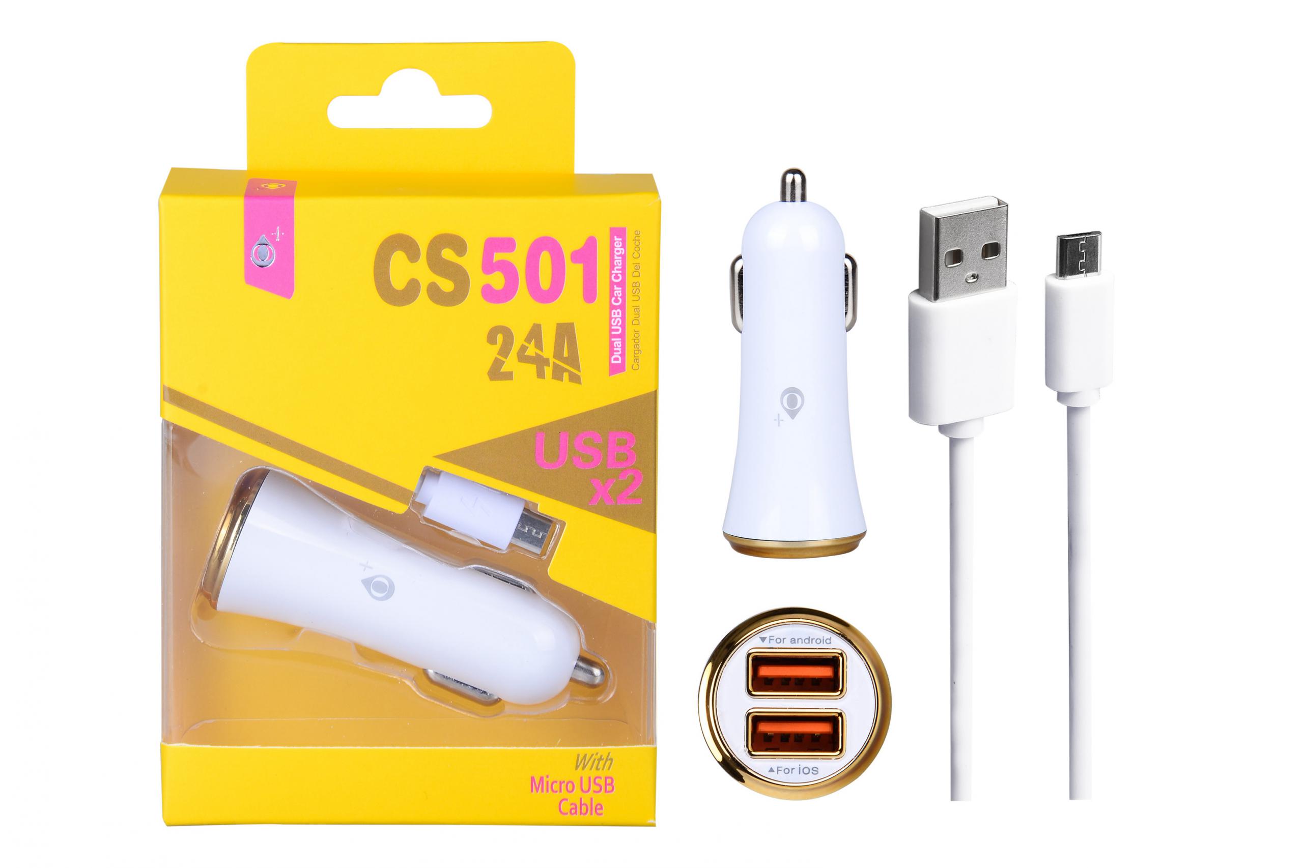 CS501 OR Cargador Mechero Flaca con cable Micro USB, 2USB 2A, Anilla Oro