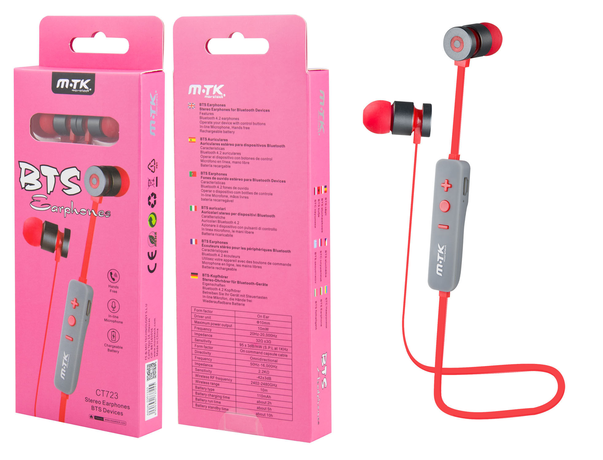 CT723 RJ Auricular Bluetooth Symphony con Micro, Rellamada, Rojo