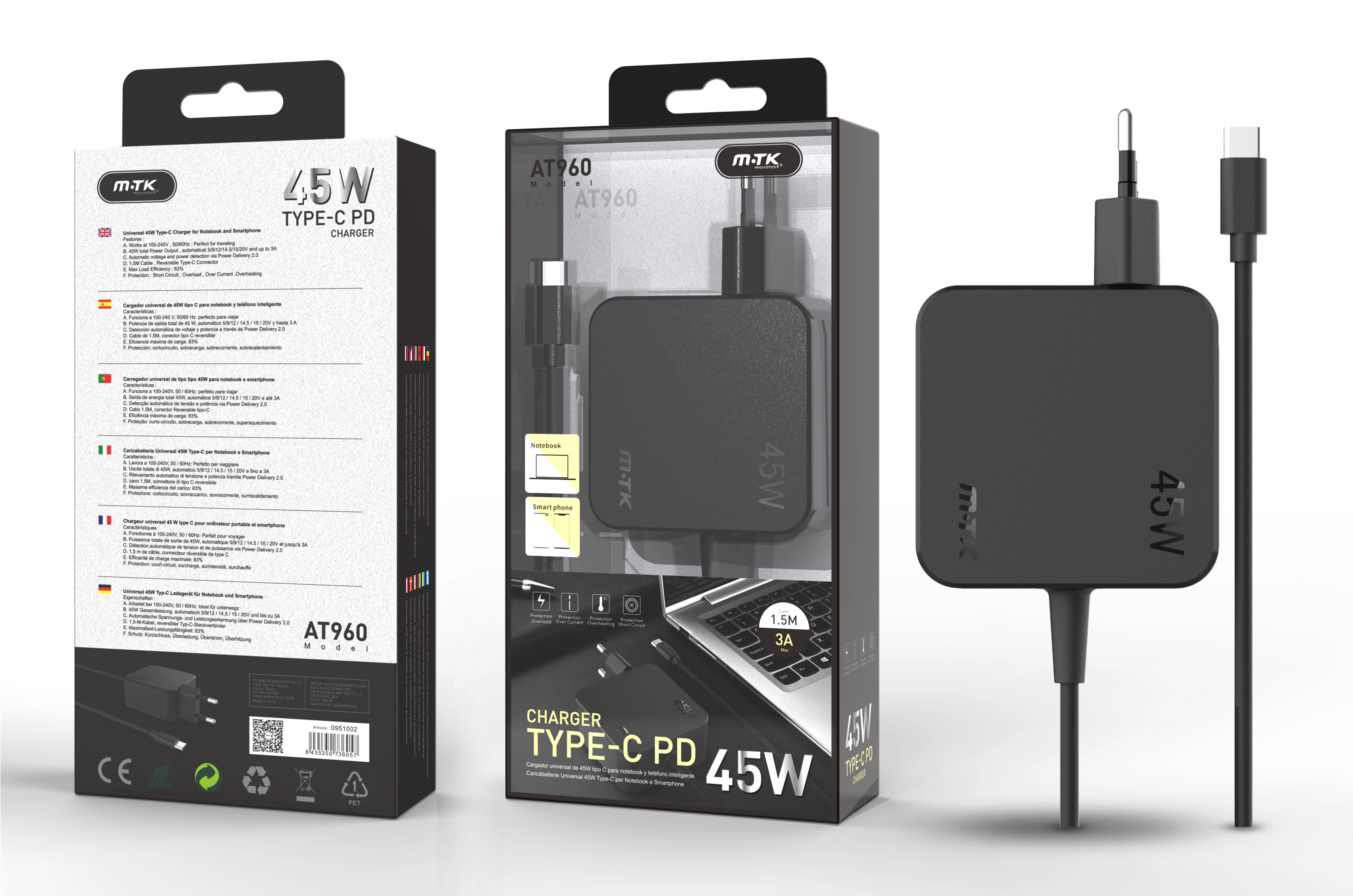 Cargador  Universal Conector tipo C para portatil y Moviles, PD Carga Rapida 45W Max 3A AT960