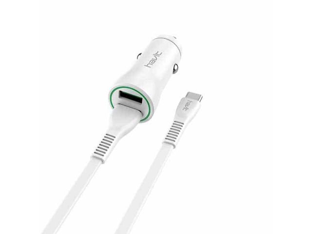 Cargador De Mechero DualUSB Quickcharge 3.0 2.4A Con Cable MicroUSB HV-ST846 Blanco