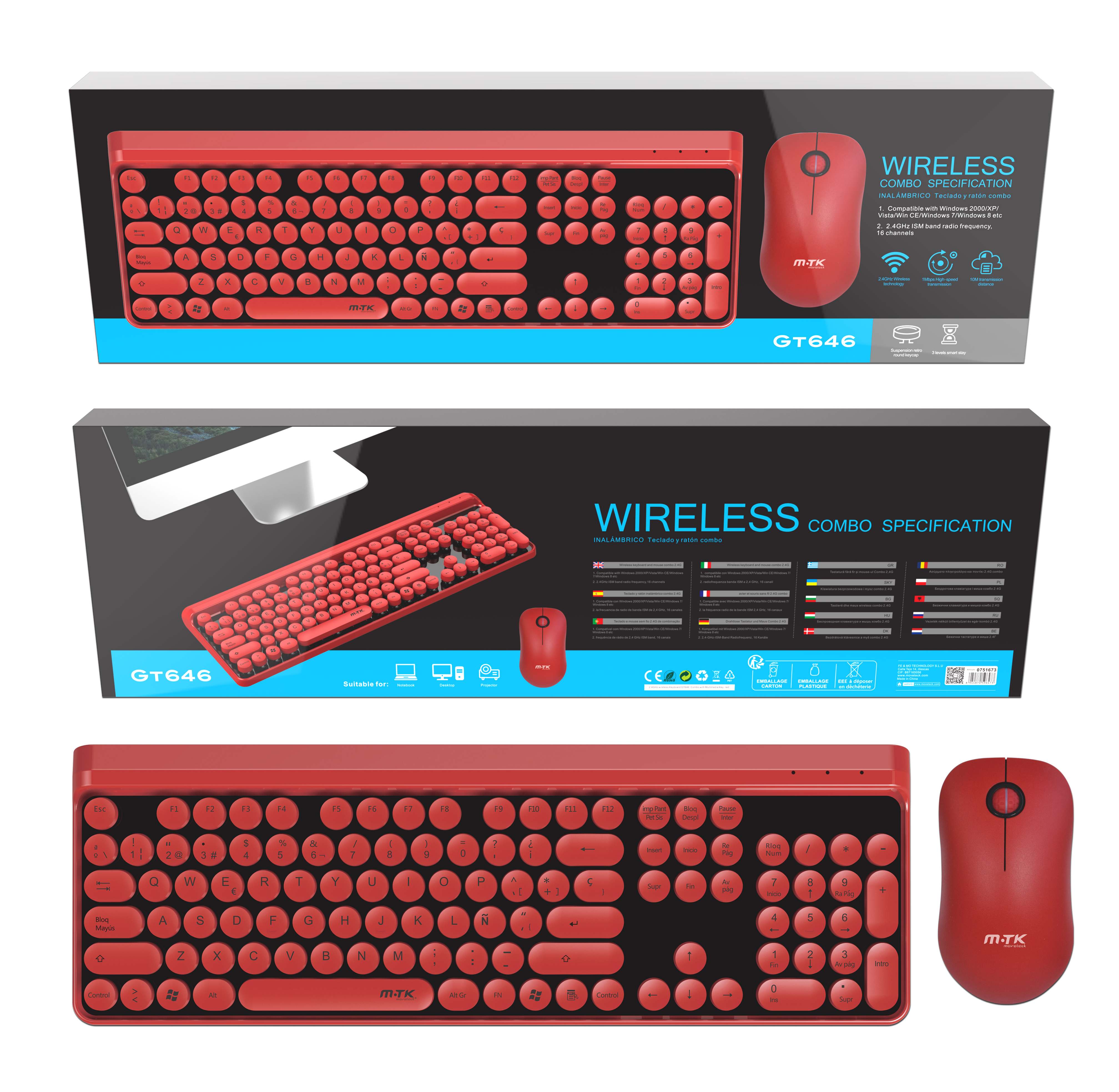 Conjunto de Teclado y Raton Inalambrico GT646 Rojo
