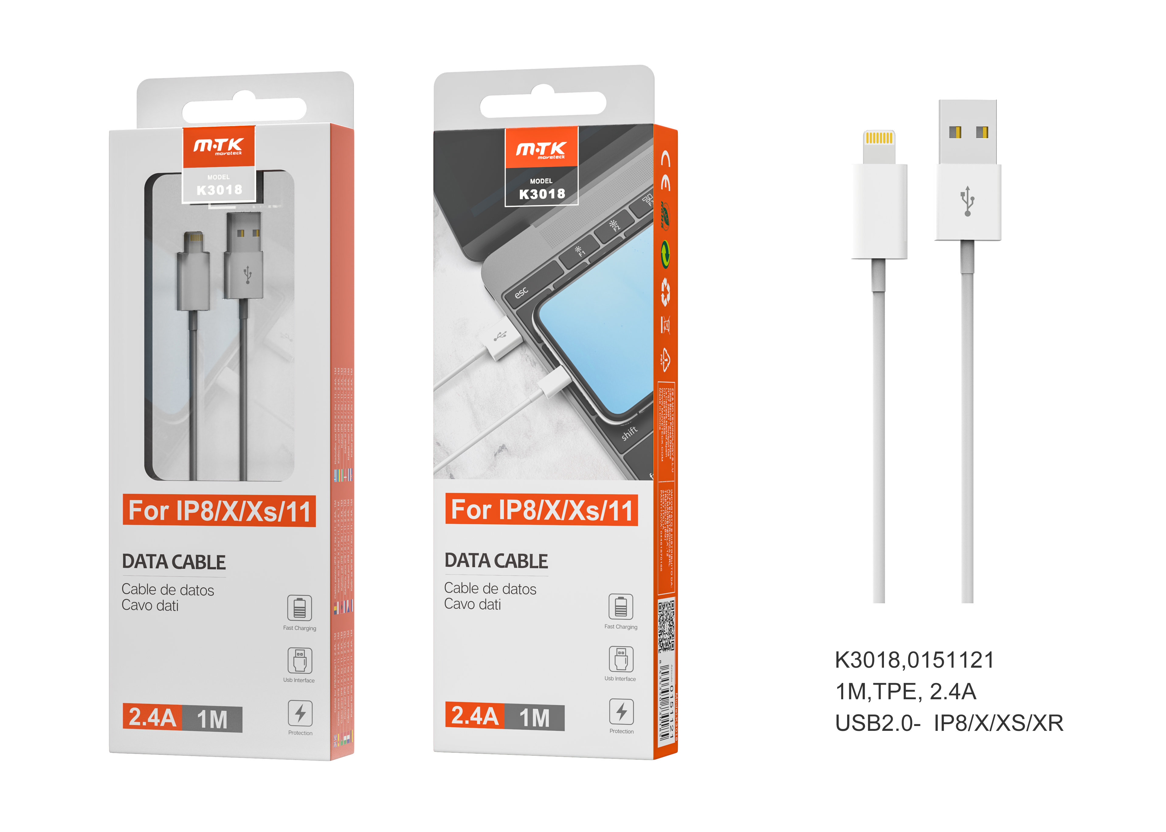 K3018 Cable de Dato iPhone 6 bañado oro Alta velocidad Blanco