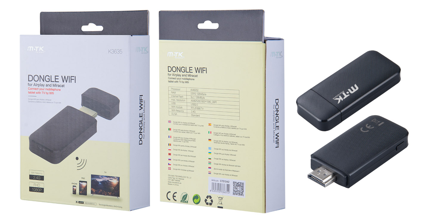 K3635 Dongle Adaptador WIFI - HDMI (Smartphone o Tablet para TV), Negro
