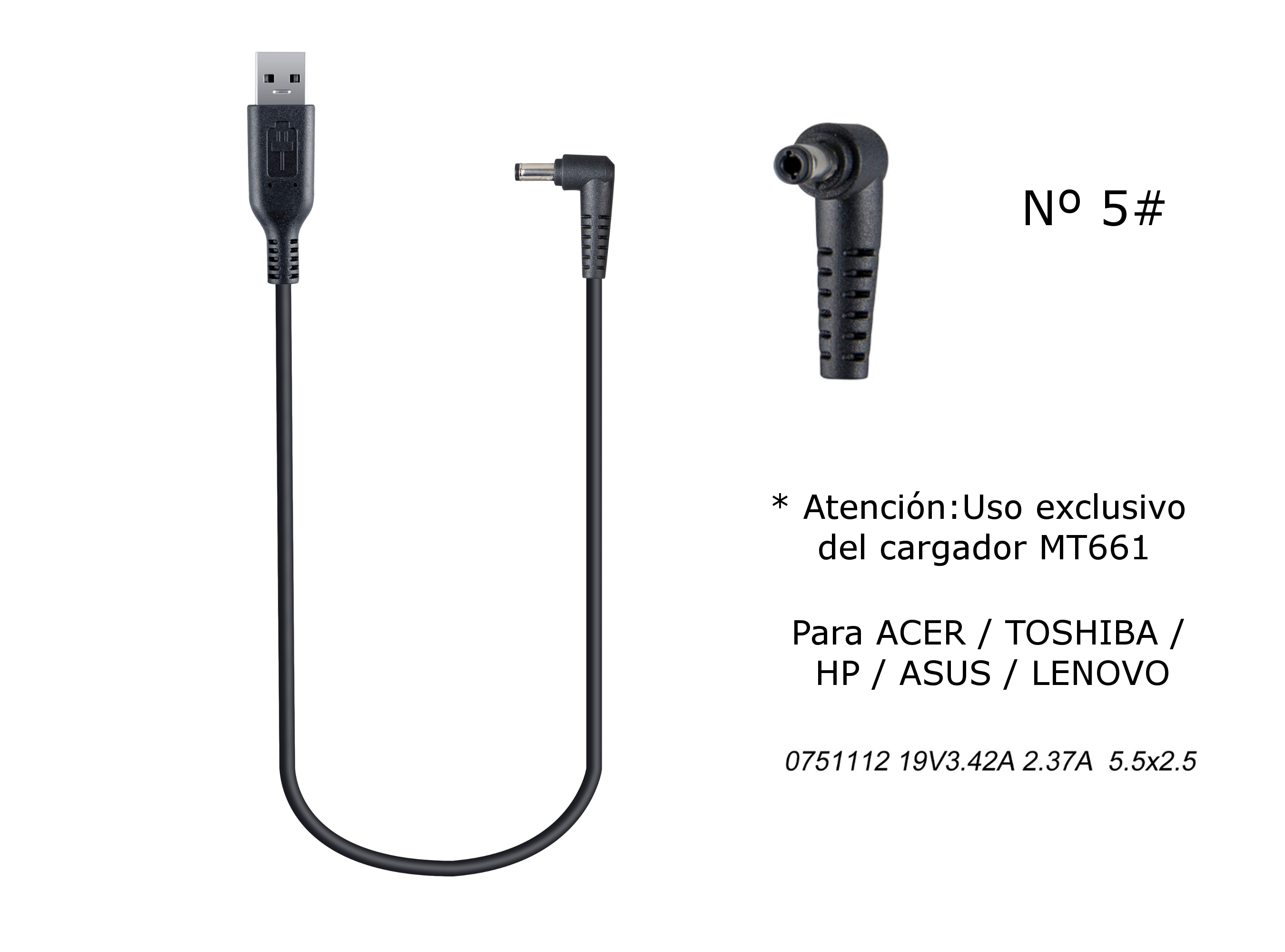 MT666 Cable de Cargador Portatil Nº 5# para ACER/TOSHIBA/HP/ASUS/LENOVO 19V / 3,42A (2,37A), 5,5*2,5mm