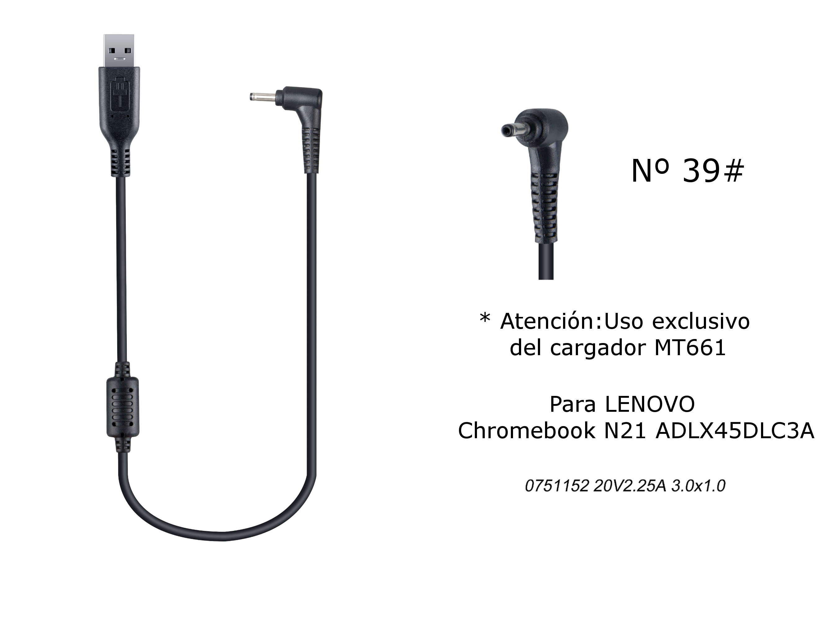 MT670 Cable de Cargador Portatil Nº 39# para LENOVO, 20V / 2,25A, 3,0*1,0mm Annular