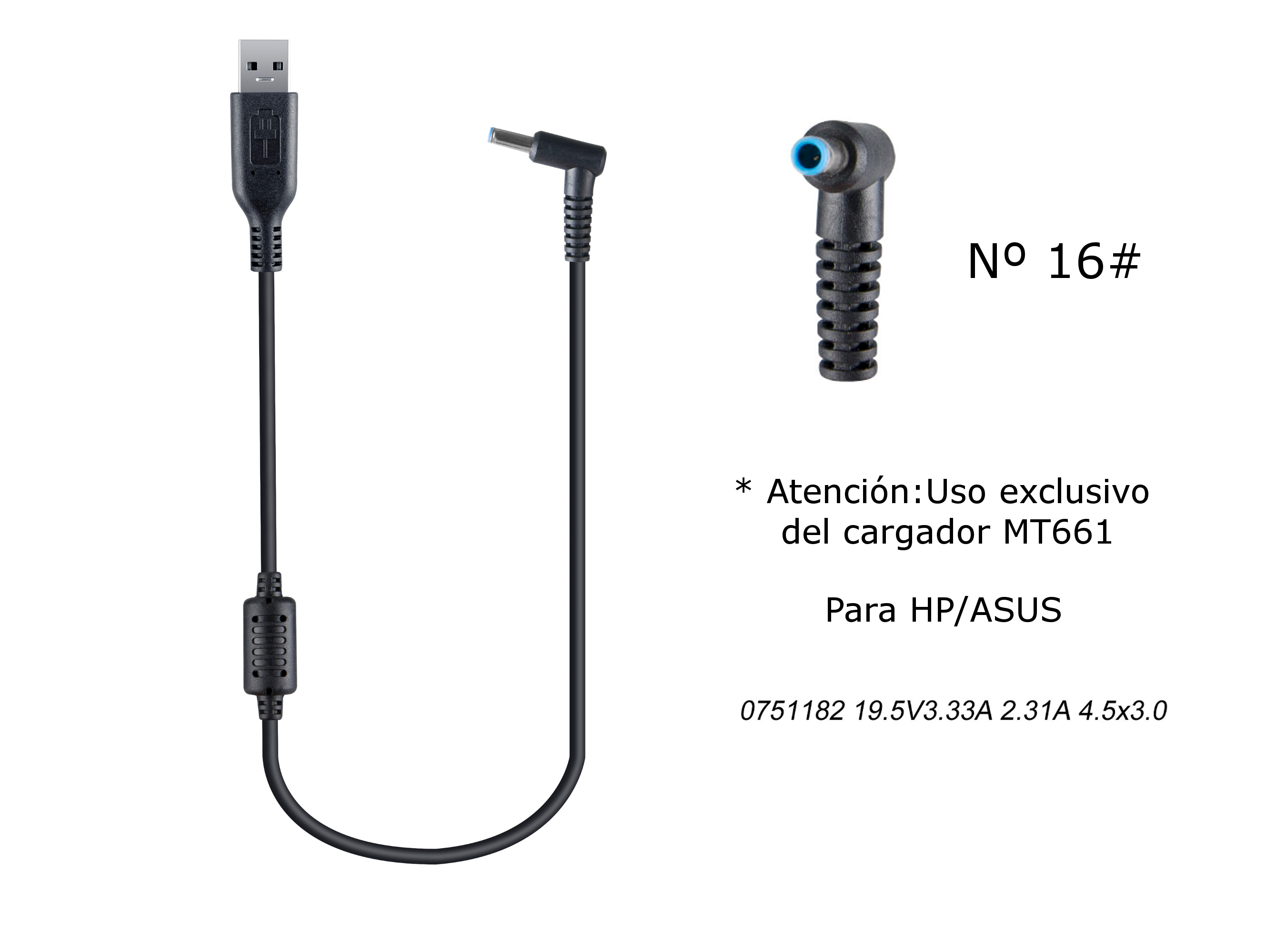 MT673 Cable de Cargador Portatil Nº 16# para HP/ASUS, 9,5V / 3,33A (2,31A), 4,5*3,0mm