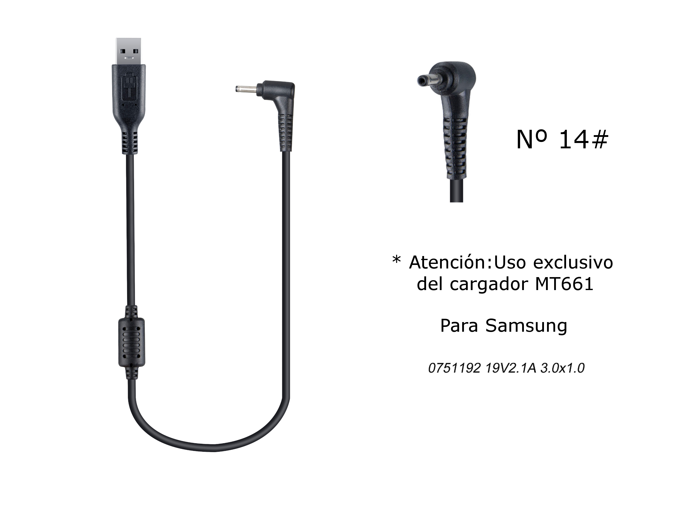 MT674 Cable de Cargador Portatil Nº 14# para Samsung, 19V / 2,1A, 3,0*1,0mm