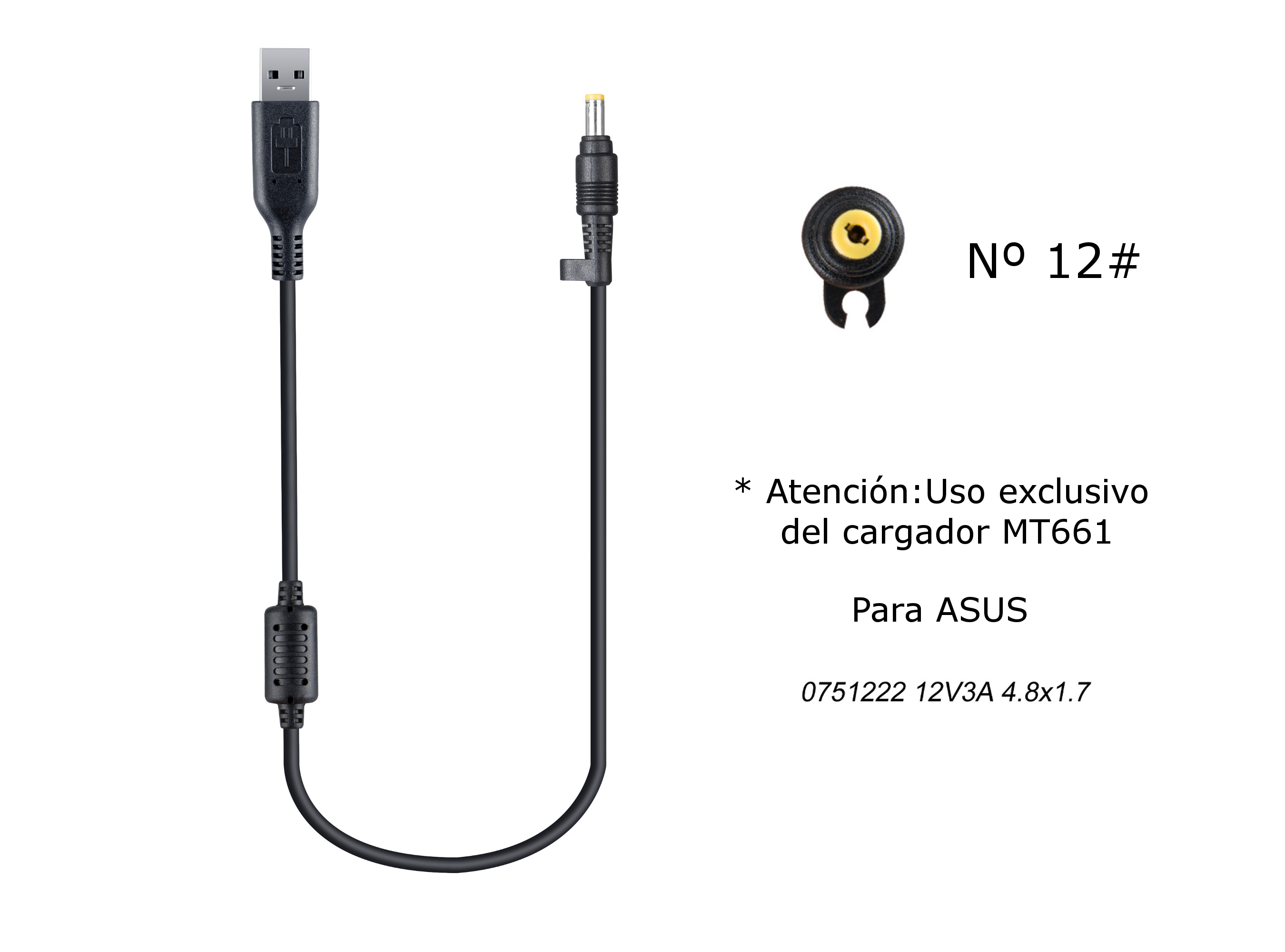 MT677 Cable de Cargador Portatil Nº 12# para ASUS, 12V / 3A, 4,8*1,7mm
