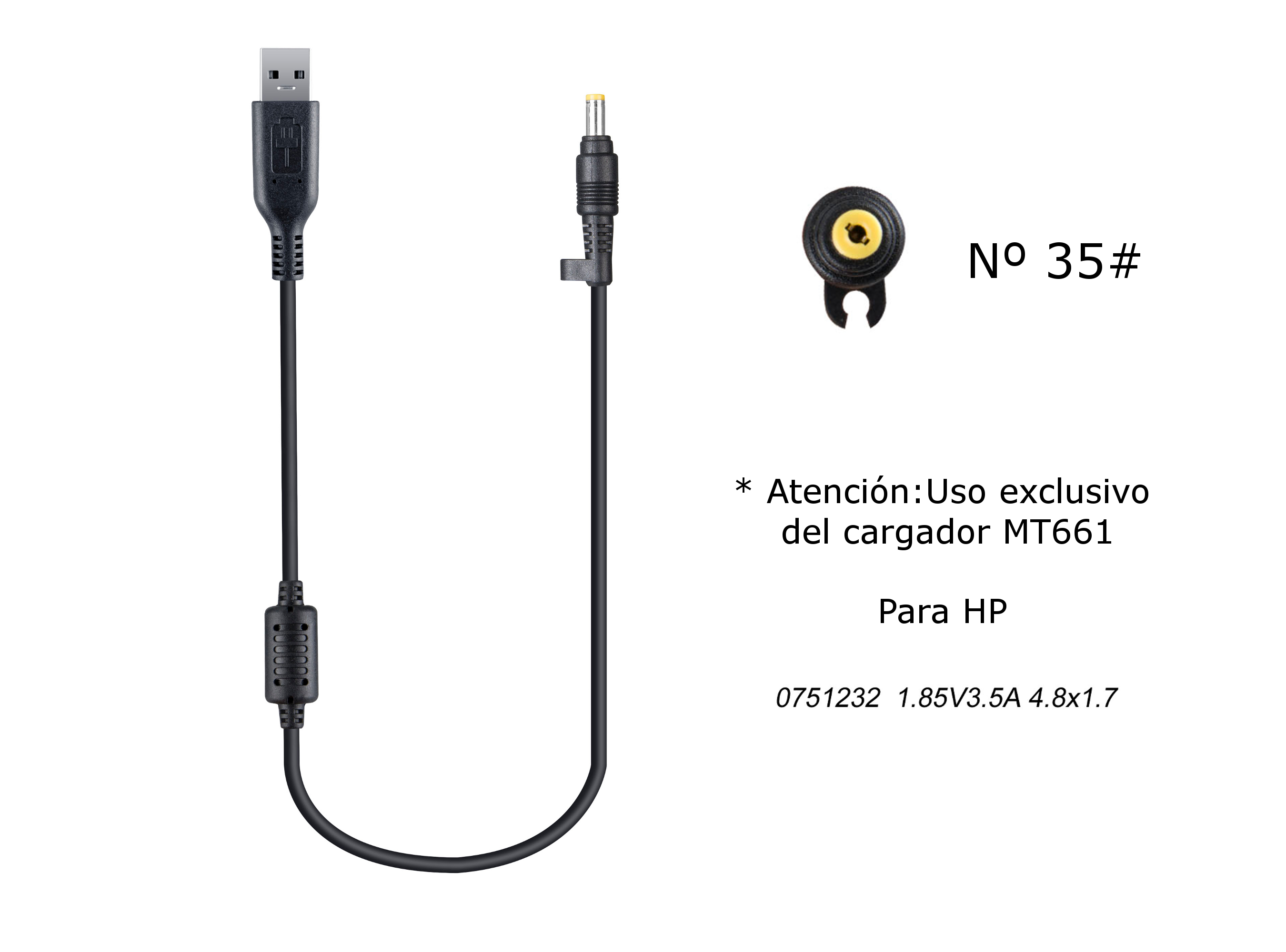 MT678 Cable de Cargador Portatil Nº 35# para HP, 18,5V / 3,5A, 4,8*1,7mm