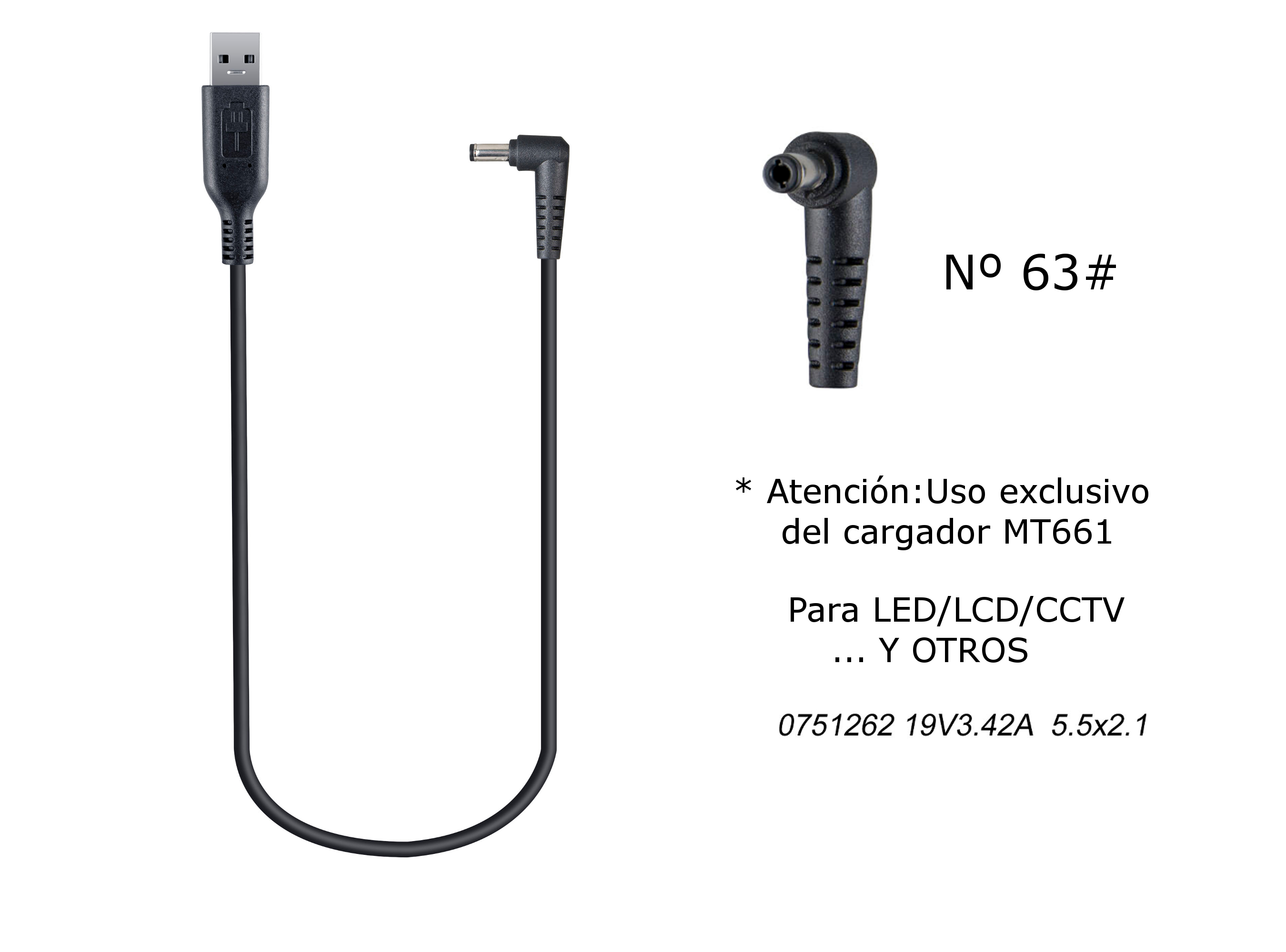 MT681 Cable de Cargador Portatil Nº63# para Varias Marcas, 19V / 3,42A, 5,5*2,1mm