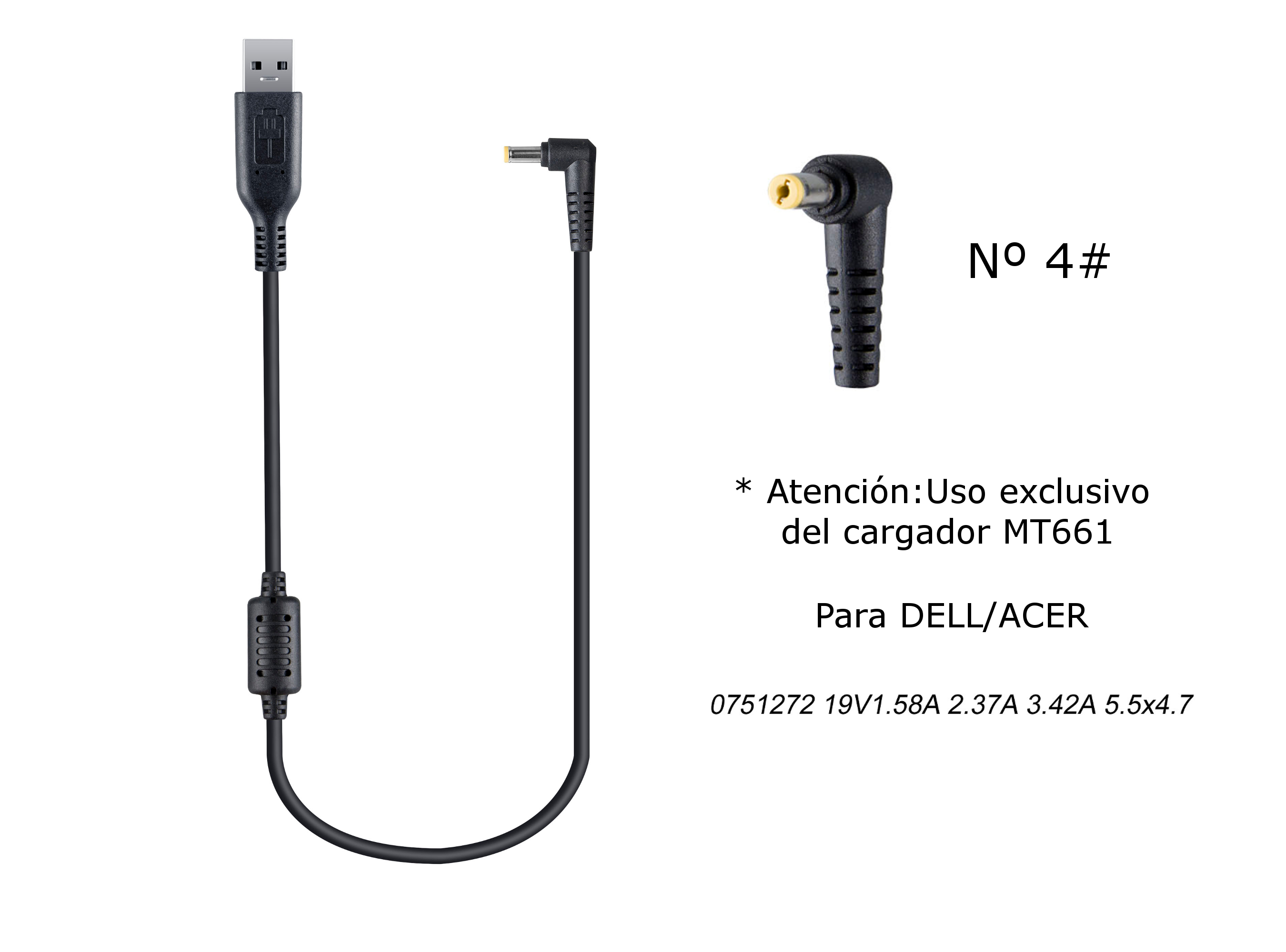 MT682 Cable de Cargador Portatil Nº 4# para DELL/HACER, 19V / 1,58A (2,37A/3,42A), 5,5*1,7mm