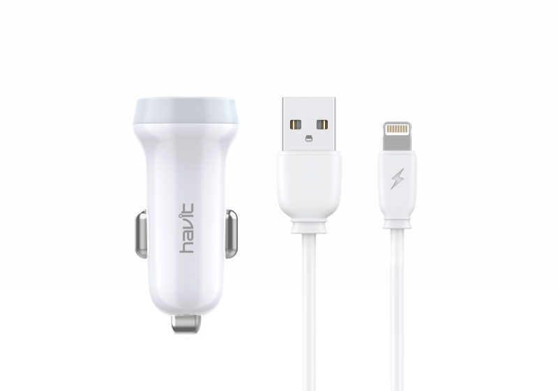ST851 Blanco Cargador de Mechero Dual USB con cable Lightning 3.1A