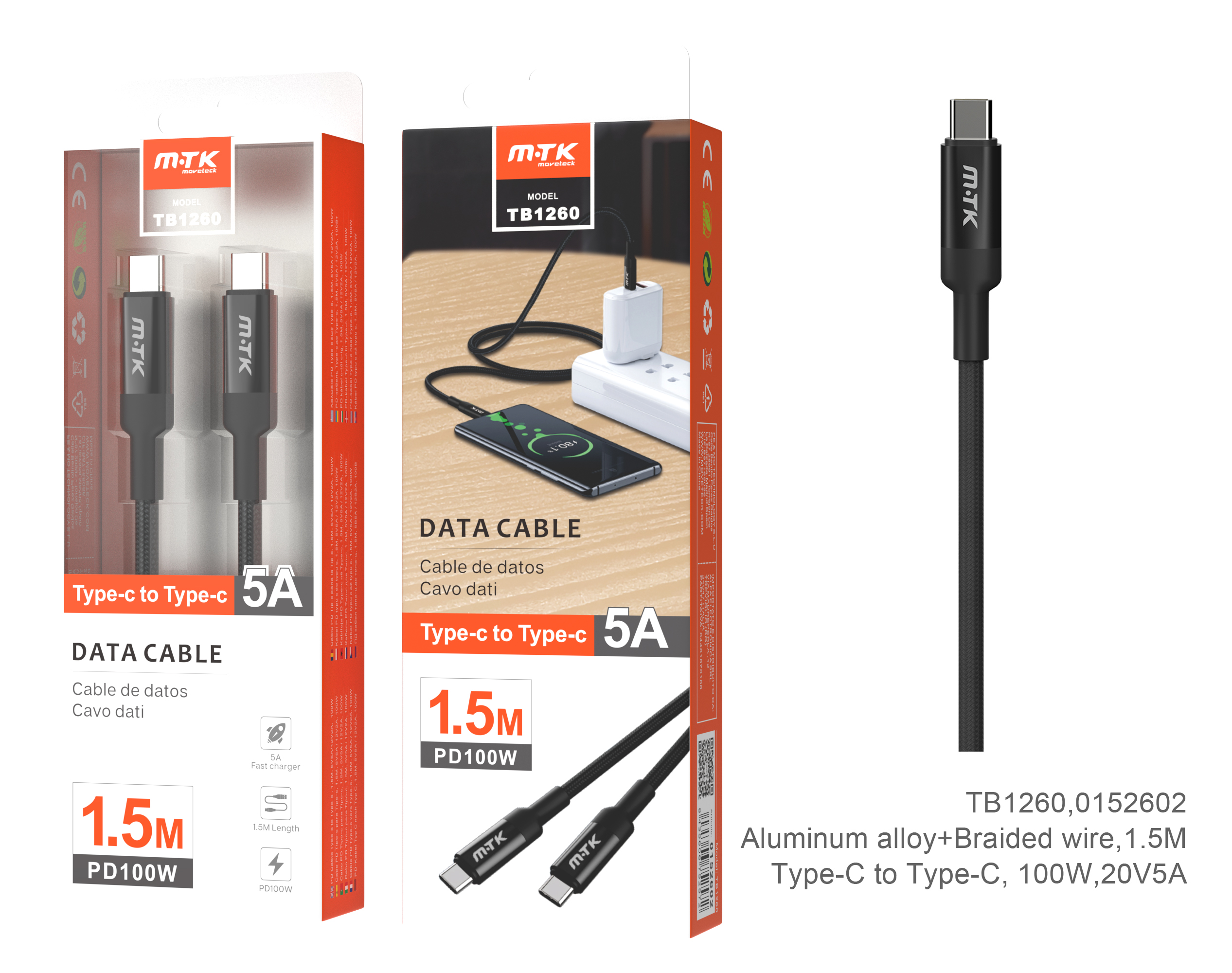 TB1260 NE Cable de Datos Aluminio Type C a Type C, Soporta a SuperCarga PD, 100W compatible para Portatiles y Moviles, 1.5M, Negro