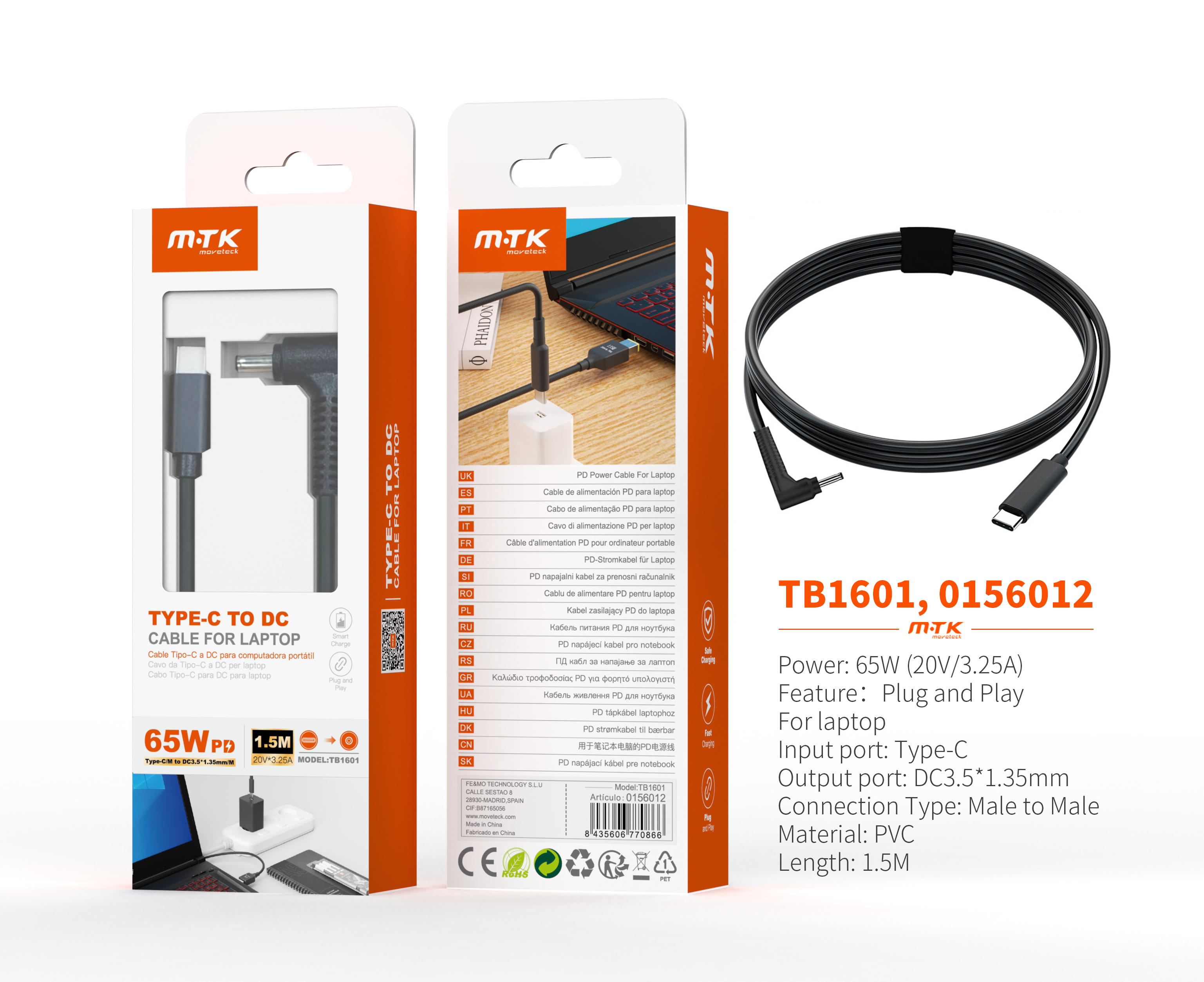 TB1601 NE Cable de carga USB-C a DC 3.5*1.35mm para portatil 65W/20V/3.25A/1.5M, Negro