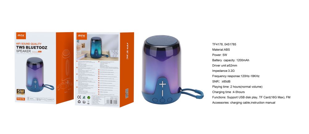 TF4178 AZ Altavoz TWS con Bluetooth 5.3, Luz espectro, Soporta USB/FM/TF(16G Max), 5W, Bateria 1200mAh Azul