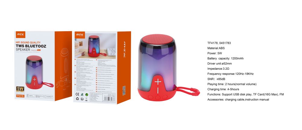 TF4178 RJ Altavoz TWS con Bluetooth 5.3, Luz espectro, Soporta USB/FM/TF(16G Max), 5W, Bateria 1200mAh Rojo
